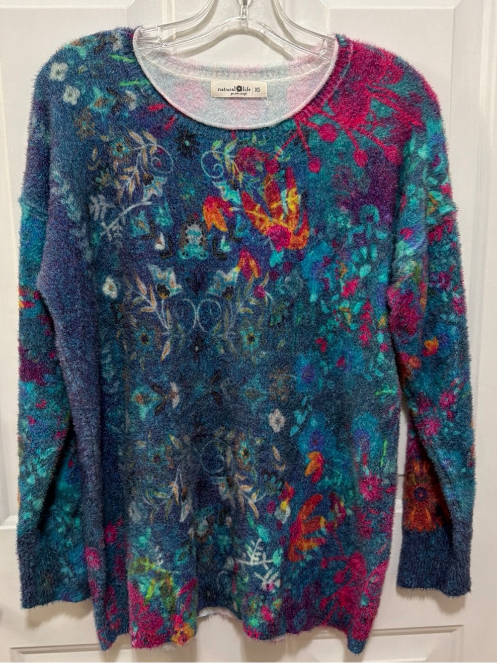 NATURAL LIFE Teal Multicolor Floral Fuzzy Knit Sweater Sz XS